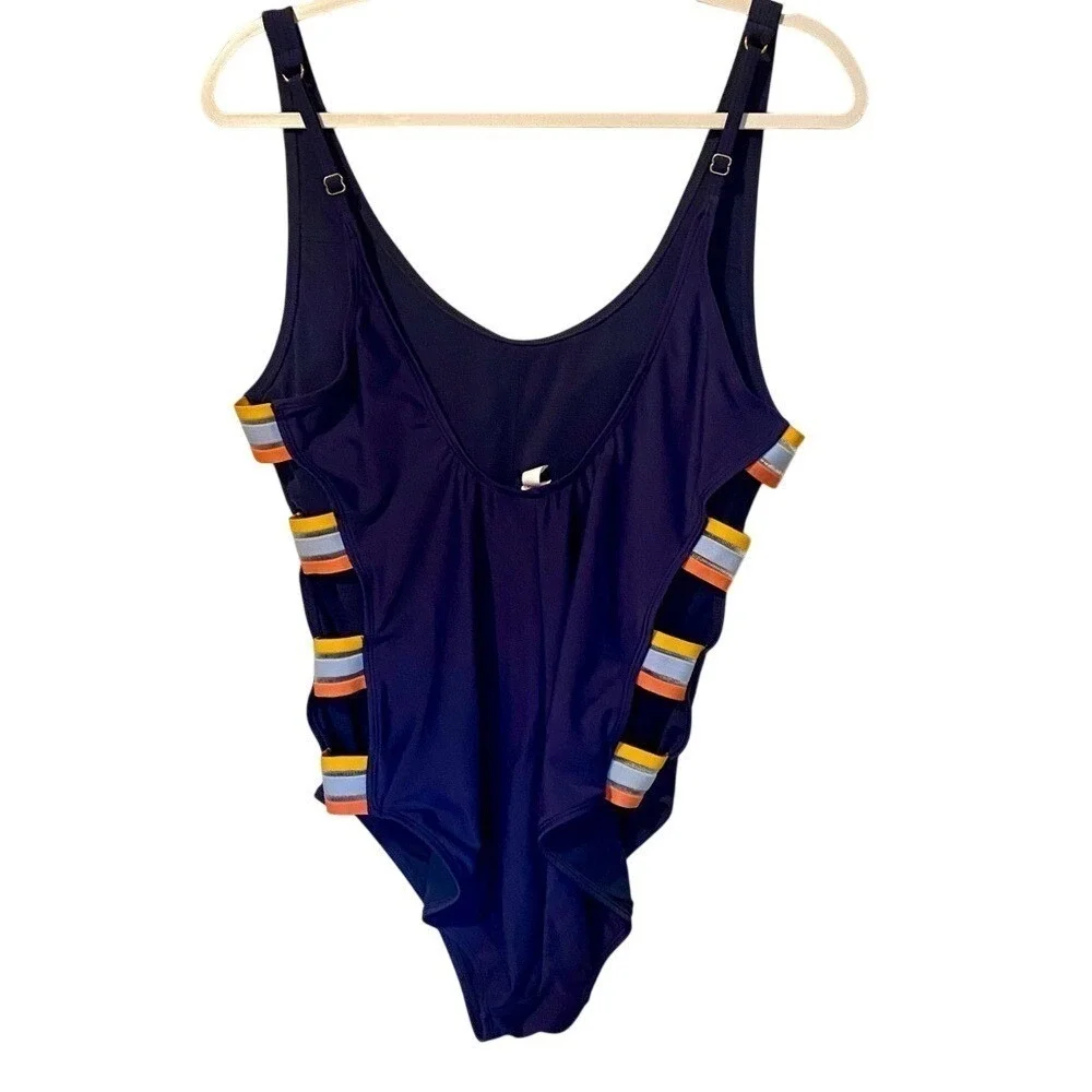 Blue One-Piece Swimsuit with Multicolored Cut-out Sides